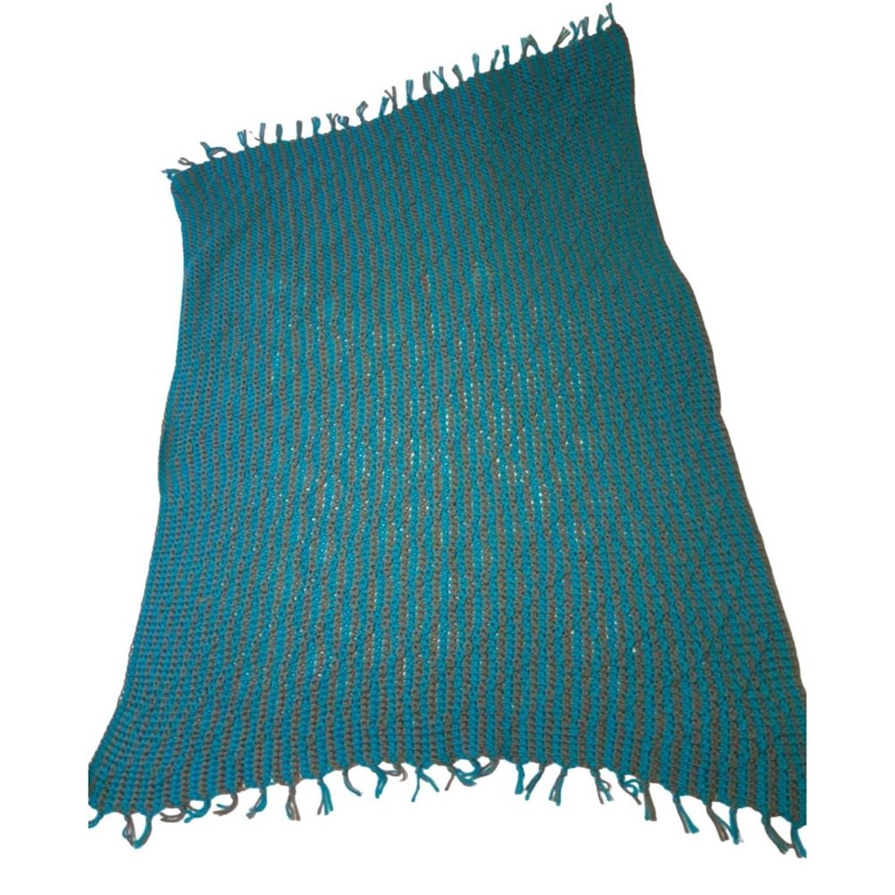 Handcrafted Blue & Gray Crochet Blanket With Fringe Edges 36x47 Receiving